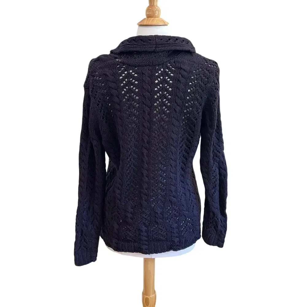 Lands' End Navy Blue Open Knit / Crochet Cardigan, Shawl Collar, V-Neck, Size LP
